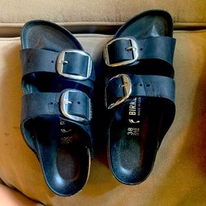 Black Birkenstock Arizona silver buckle sandals - size 38